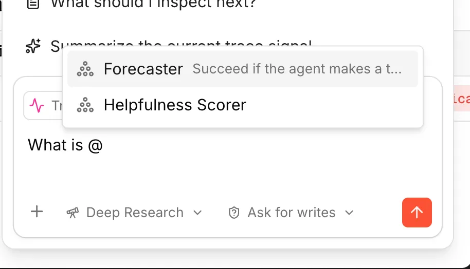 Mention picker open showing judges, behaviors, and automations