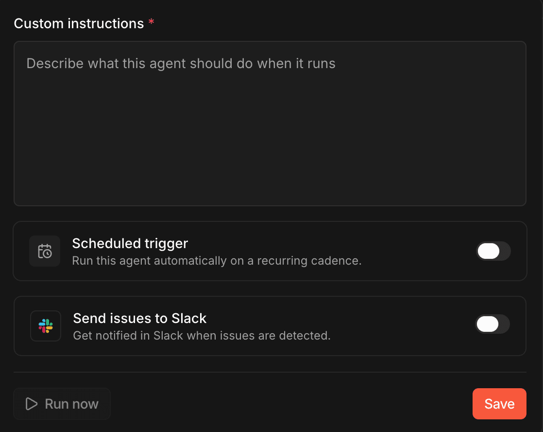 Detection configuration with custom instructions, scheduled trigger, and Slack delivery