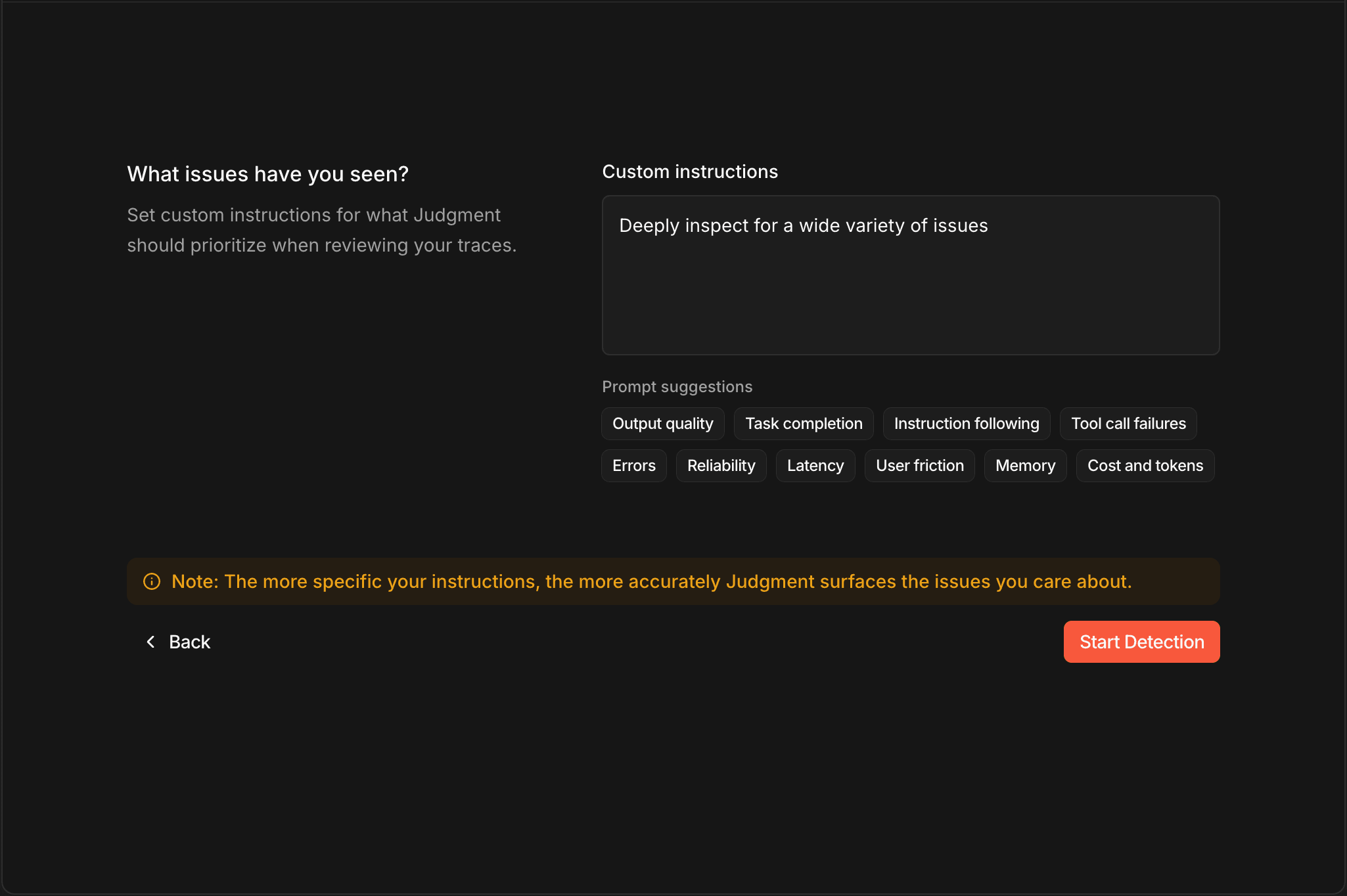 Detection onboarding with custom instructions and prompt suggestions