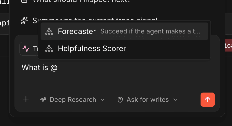 Mention picker open showing judges, behaviors, and automations