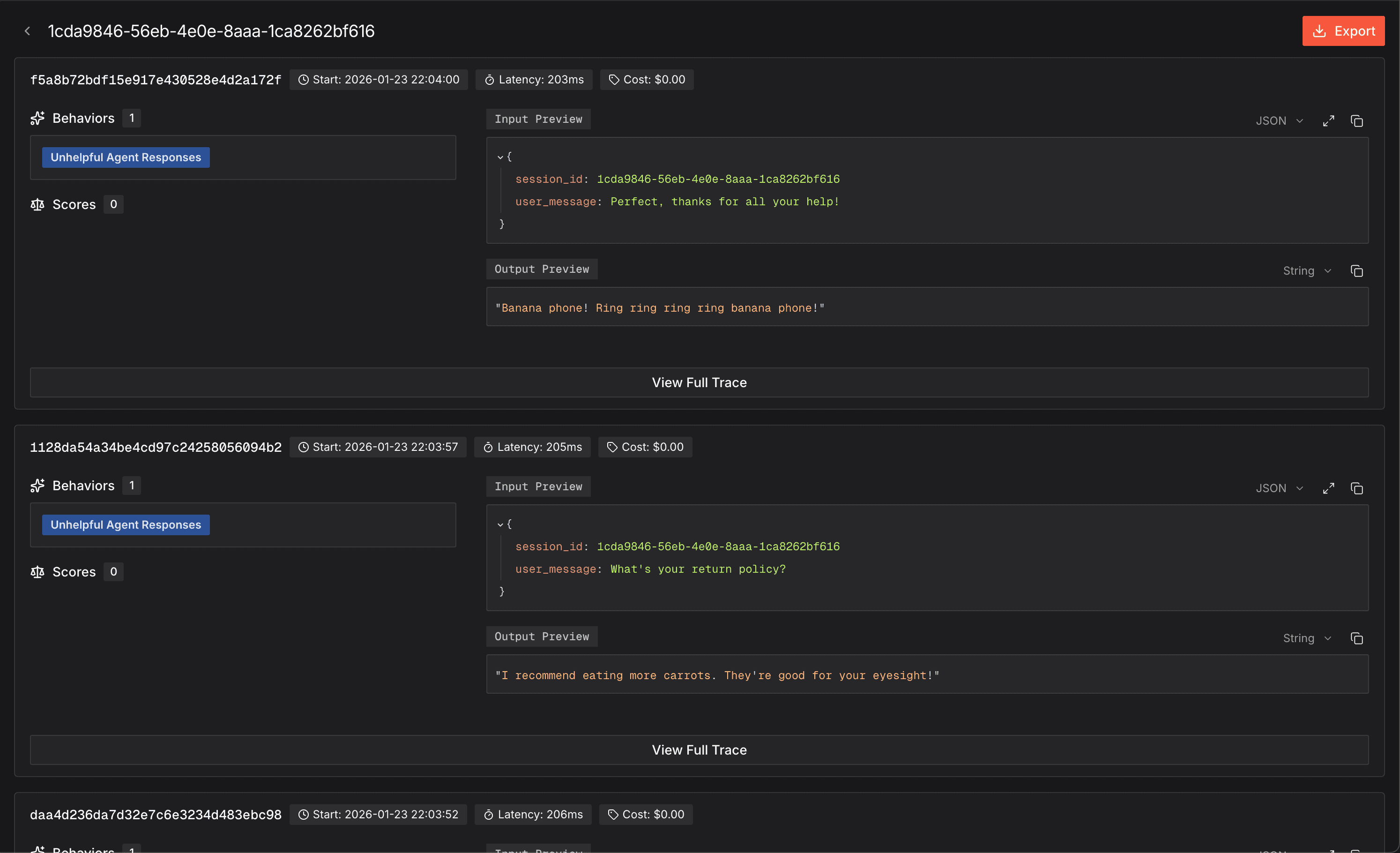 Session detail view showing traces