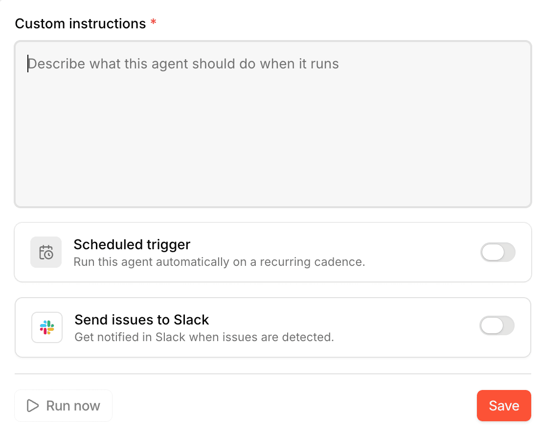 Detection configuration with custom instructions, scheduled trigger, and Slack delivery