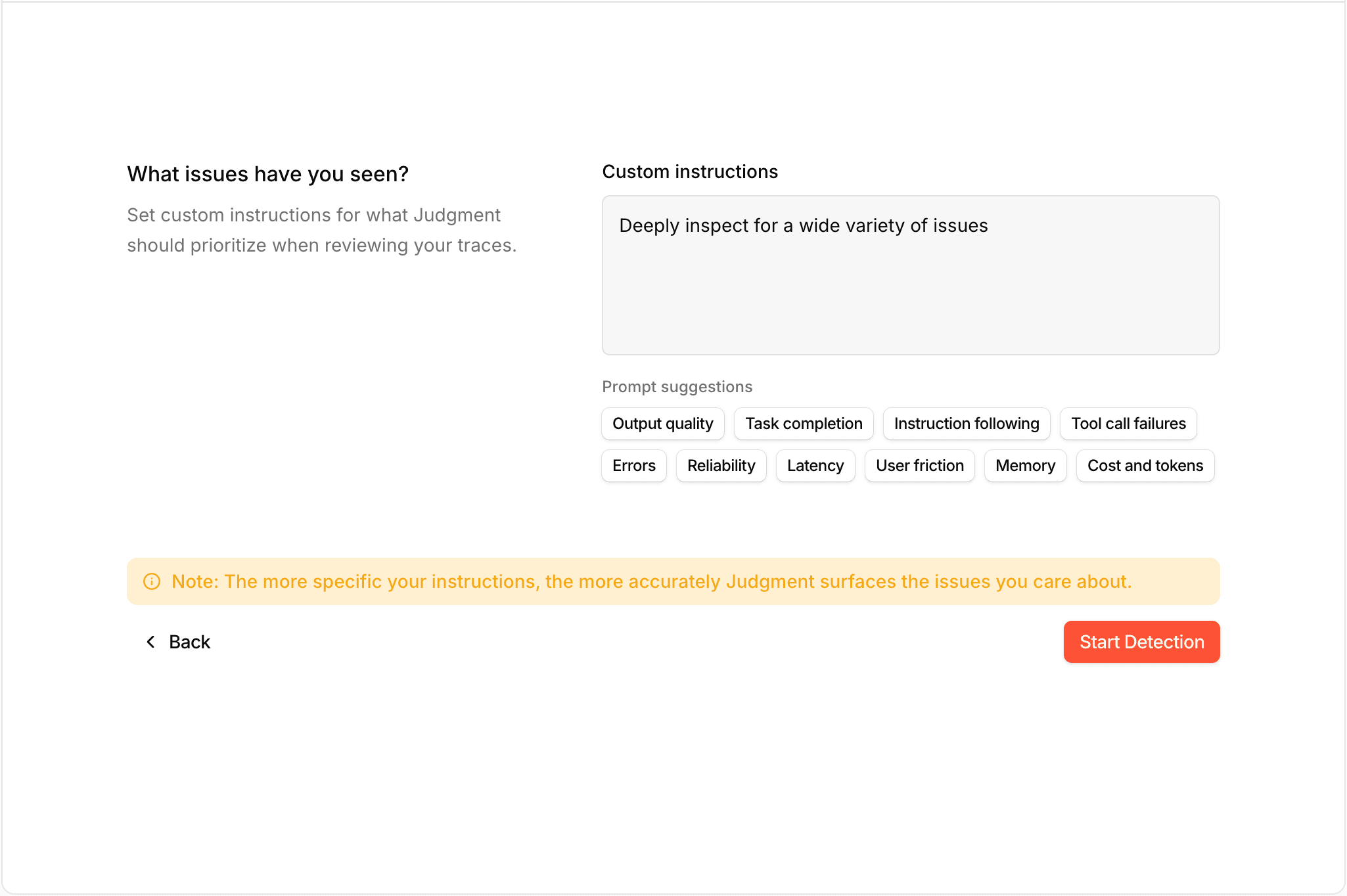 Detection onboarding with custom instructions and prompt suggestions
