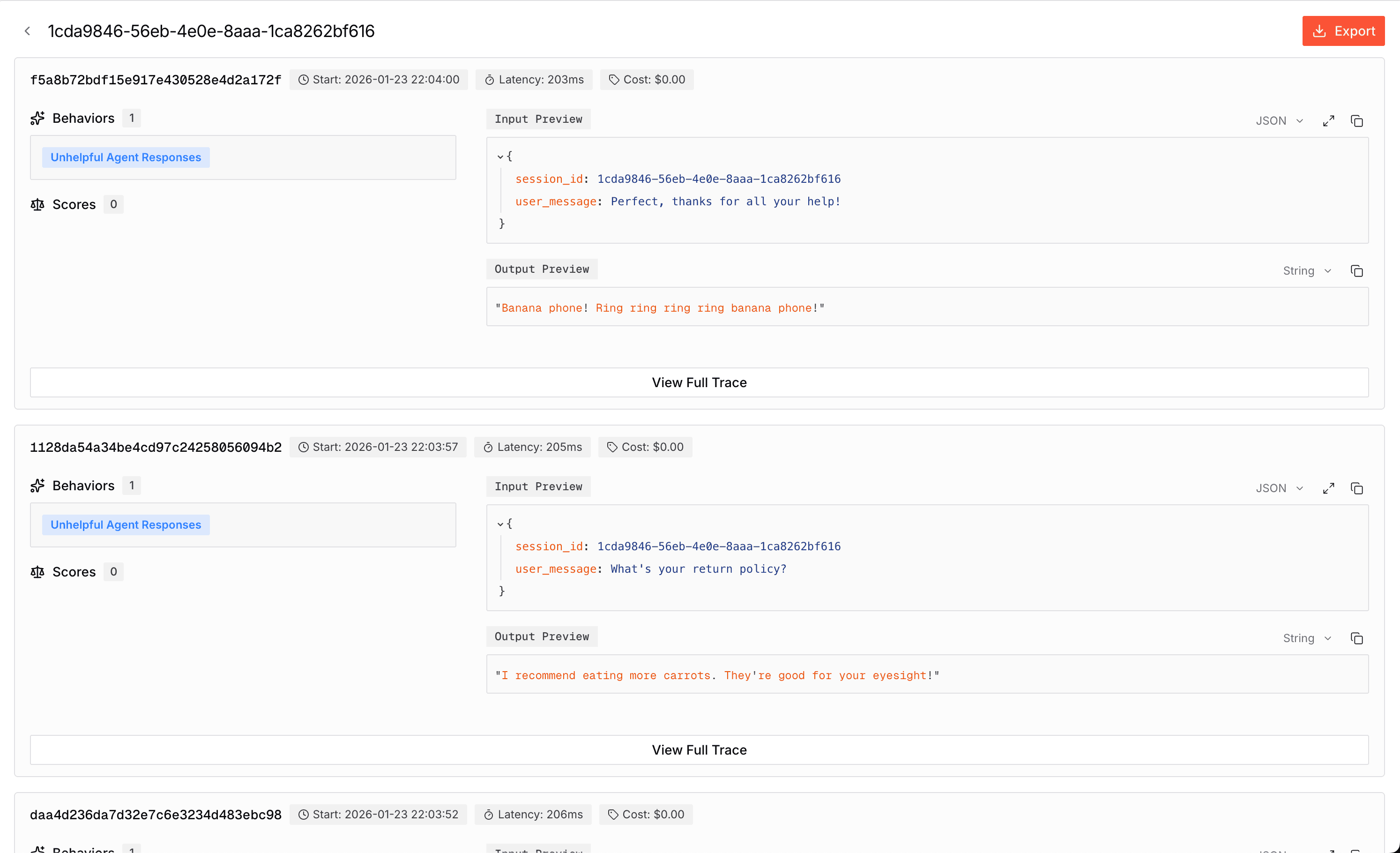 Session detail view showing traces
